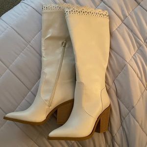 JustFab Knee High Beige Boots with Eyelit Lace